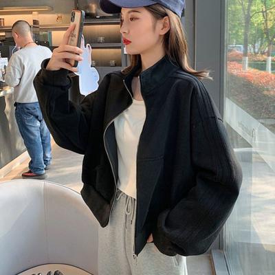 Women Fall Winter Coat Solid Color Loose Long Sleeve Lapel Zipper Closure Elastic Cuff Casual Soft Lady Spring Sport Jacket