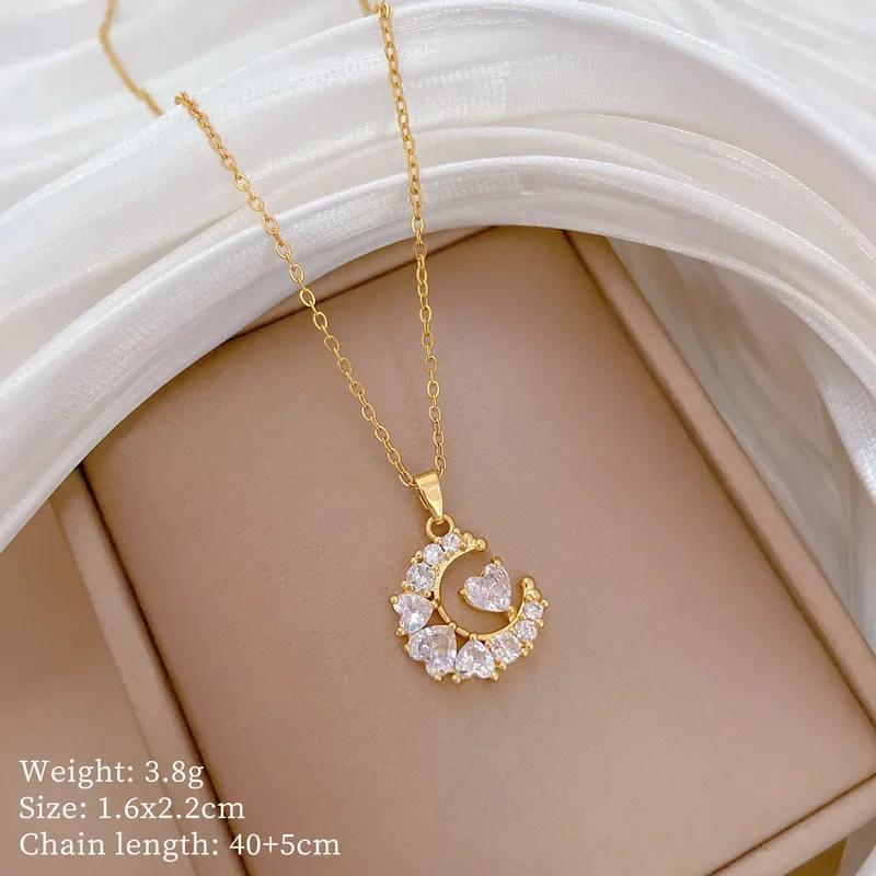 

Fashion Gorgeous Love Heart Moon Zircon Pendant Stainless Steel Necklace for Women Lovers Best Romantic Jewelry Accessories