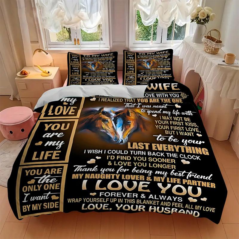 3pcs Love Quotes for Wife Duvet Cover Set, Cover For Bedroom Guest Room (1 Duvet Cover + 2 Pillowcase, Without Quilt),  Yy250922219
