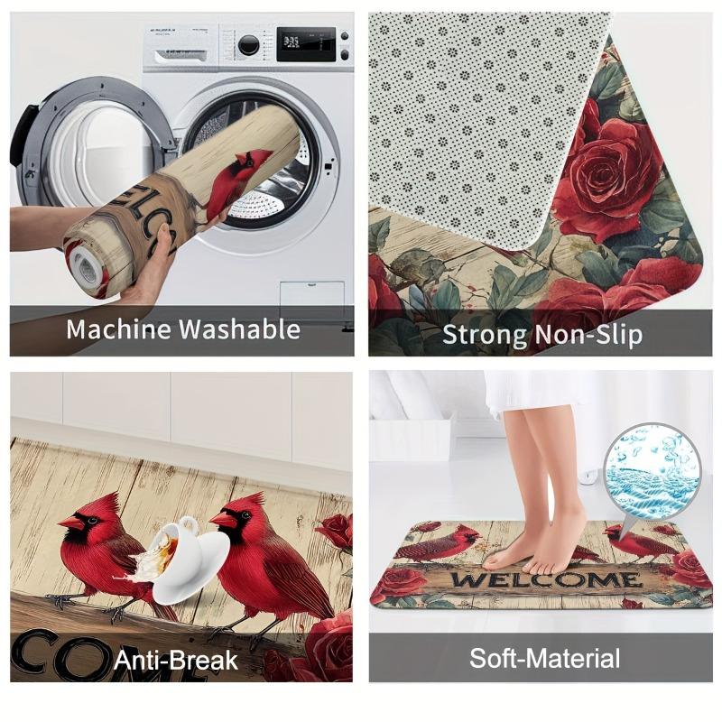 Christmas-Themed Red Cardinal Rose Doormat with Festive for Kitchen Bathroom and Home Entrance Decor Festive Mat Decorations