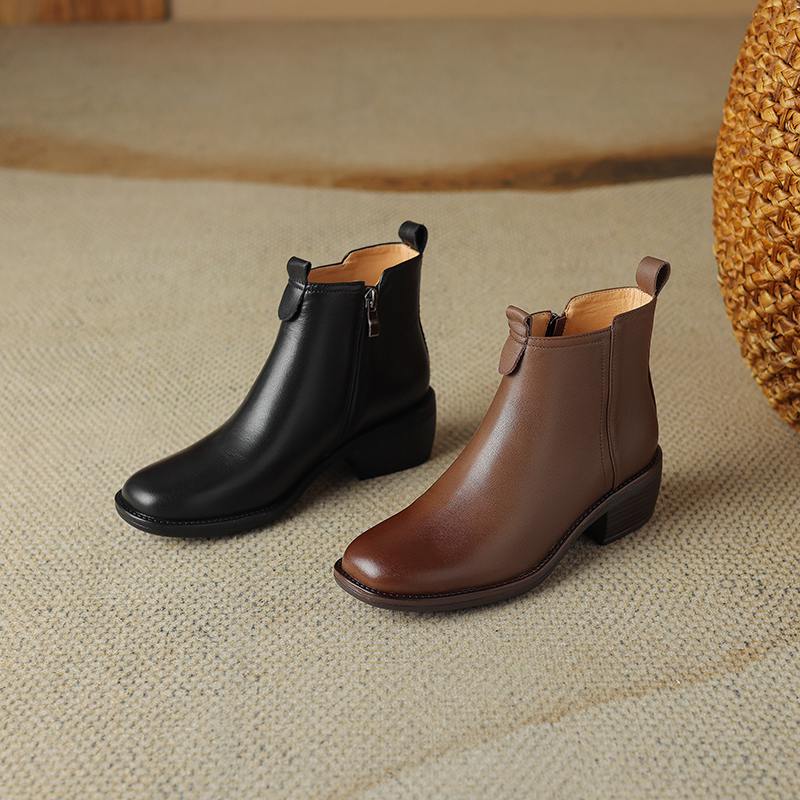 Krazing Pot Cow Skin Winter Square Toe Thick Heels Chelsea Fashion Boots Women Slip on Women Ankle Boots