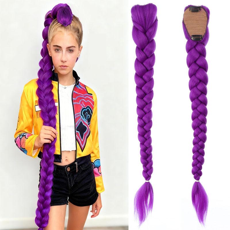 Synthetic Woven Purple Hair Ponytail Cosplay Costume Hairstyle for Children Girls Halloween Christmas