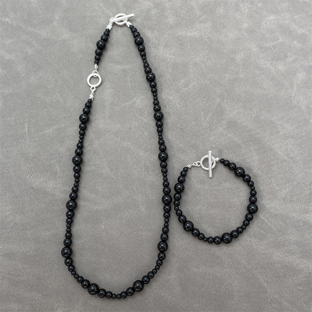 Elegant Black Agate Beaded Bracelet & Necklace: European-American Style, High-End Design, Light Luxury, Cool Temperament