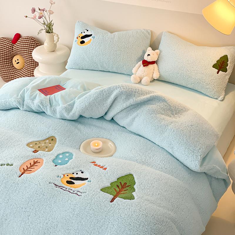 Cartoon Lamb Wool Four-Piece Set Thickened Milk Fleece Quilt Cover Coral Fleece Bedding Fleece Sheets