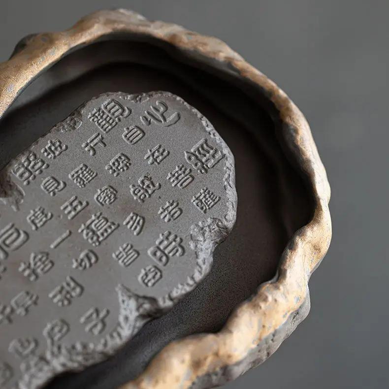 Vintage Tea Tray, Gilded Zen Heart Sutra Tea Tray, Coarse Ceramic Tea Tray, Household Water Storage, High-end Dry Brewed