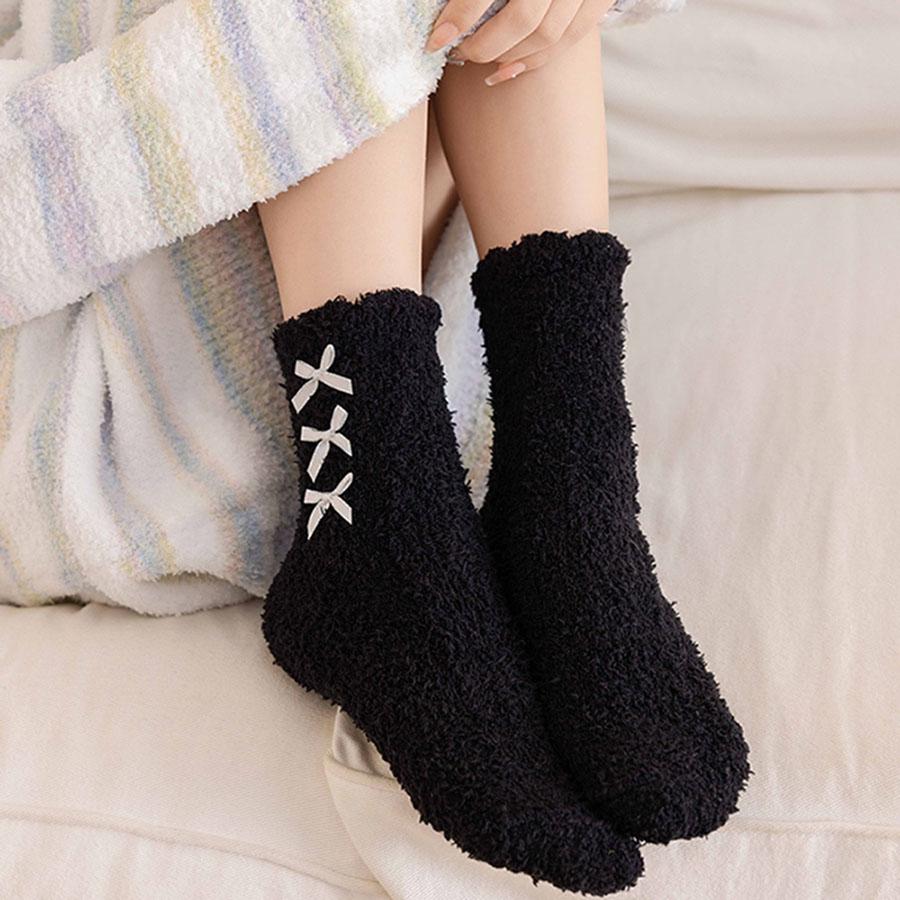 Autumn Winter Warm Coral Fleece Bowknot Woman Socks Sweet Lolita Plush Middle Tube Socks Home Sleeping Floor Socks Cute Socks