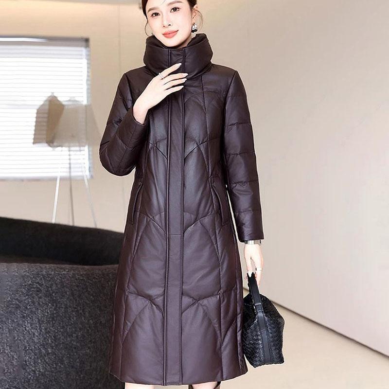 Winter Women's Genuine Leather Jacket Over-the-Knee Long Sheepskin Padded Coat Thickened Windproof Warm Camel Wool Coat