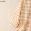 ZANZEA Women Casual Round Neck 3/4 Sleeve Loose Plaid Print Blouse