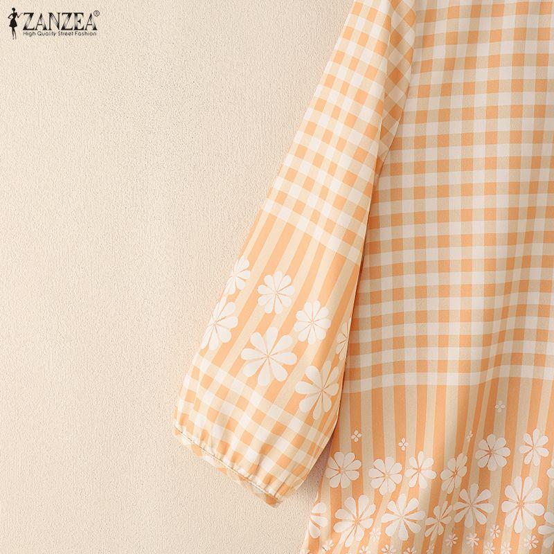 ZANZEA Women Casual Round Neck 3/4 Sleeve Loose Plaid Print Blouse