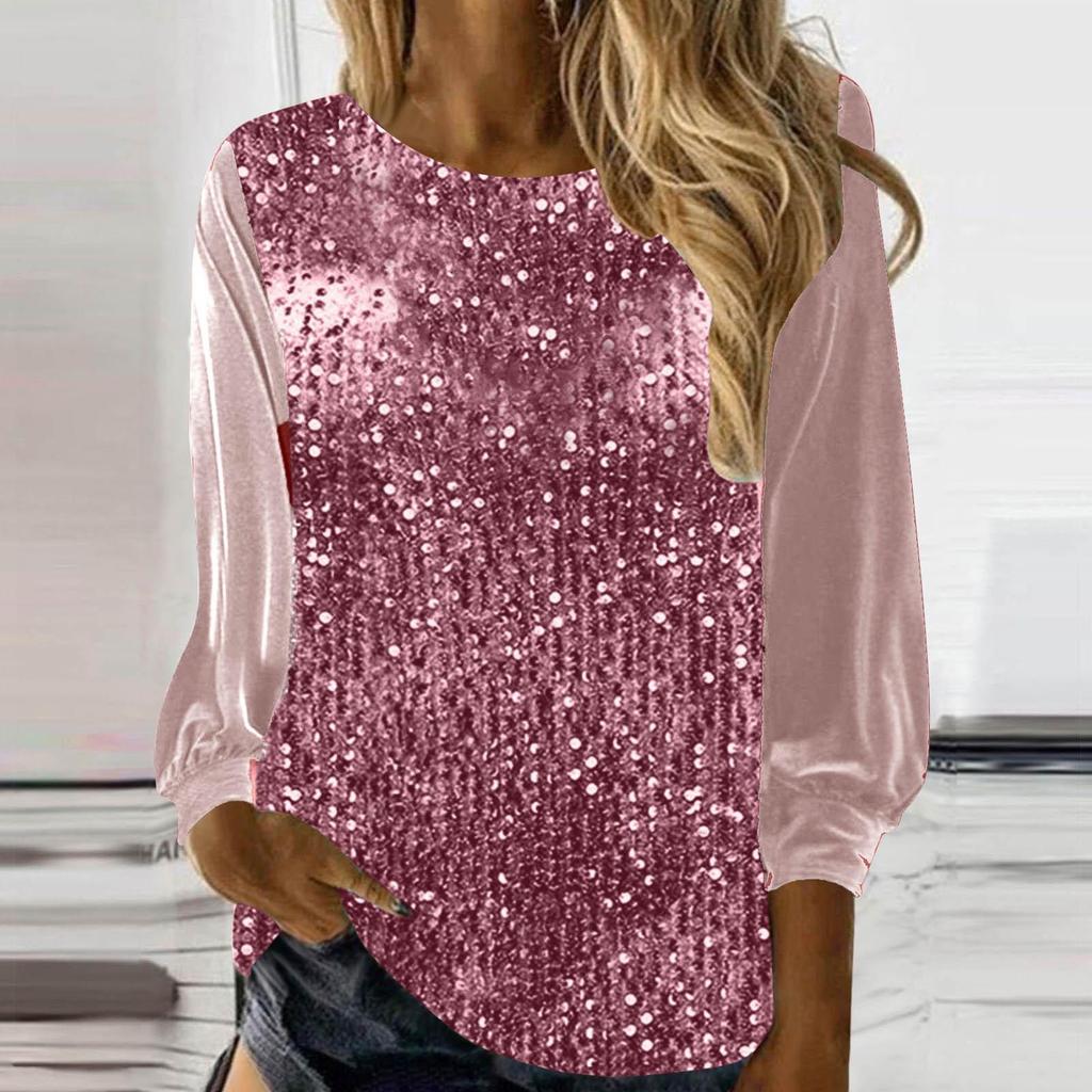 2025 European & American Women's Casual Sequin Round Neck Long Sleeve Pullover