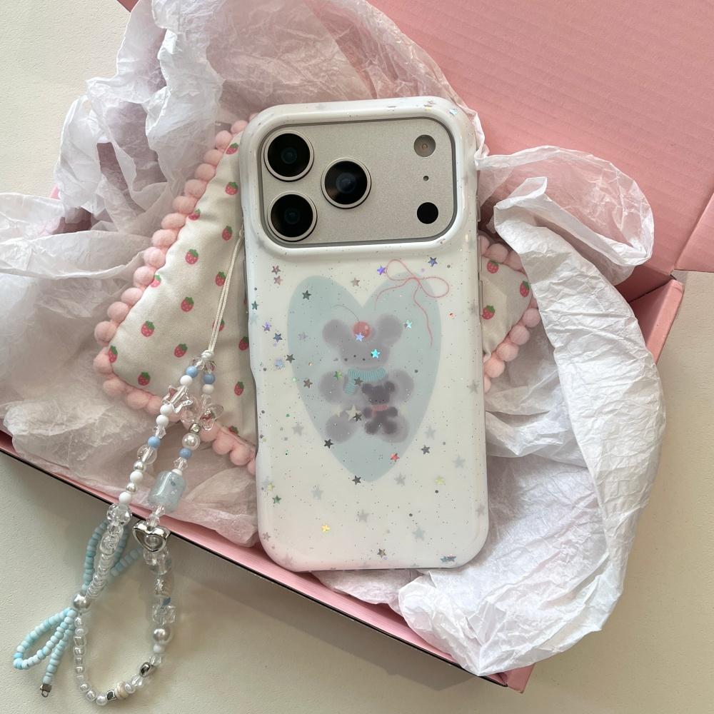 Korean wind ins little fresh stars cute blue love bear apple 13 atmosphere mobile phone case 16pro new iphone17promax with chain 15 double 14p