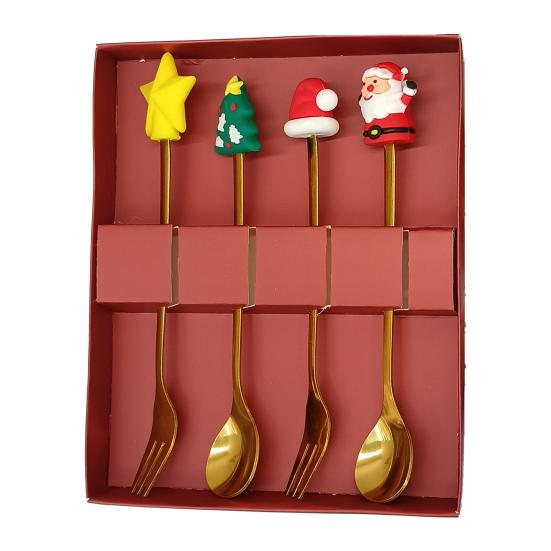 Nerezová vánoční sada lžiček s motivem stromku, Santa Clause a hvězdy, lžičky na míchání kávy, slavnostní kuchyňské náčiní s dárkovou krabičkou