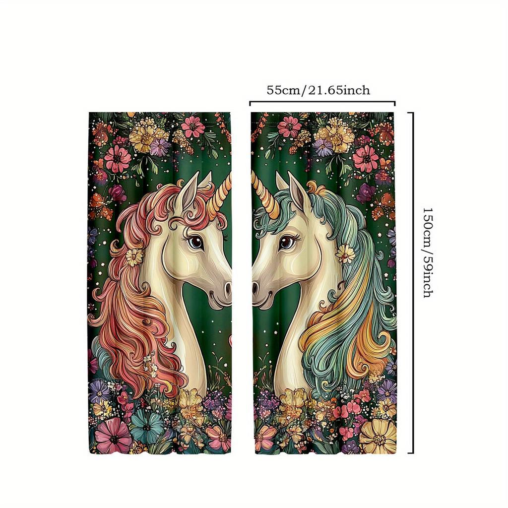 2pcs Unicorn Princess Curtains - Enchanted Floral and Fantasy Art Design   Semi-Transparent Polyester Drapes for Bedroom and Livi