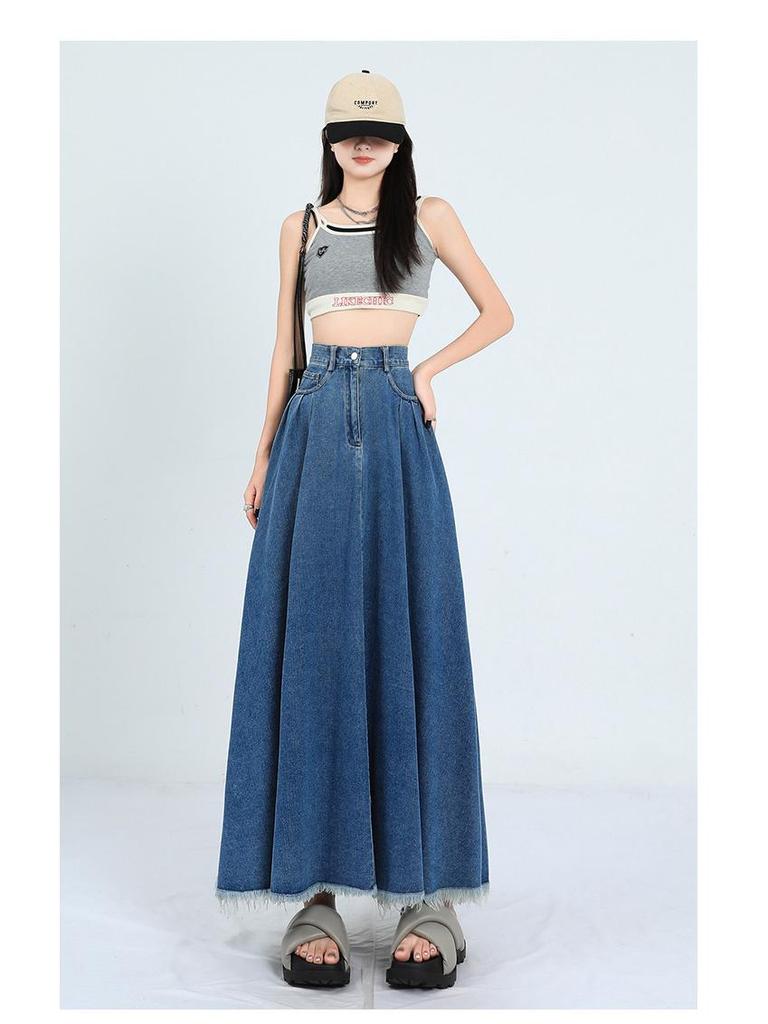 Hong Kong Retro Literary Denim Midi Skirt: Women's 2025 High-Waist A-Line Umbrella Design for Spring/Summer