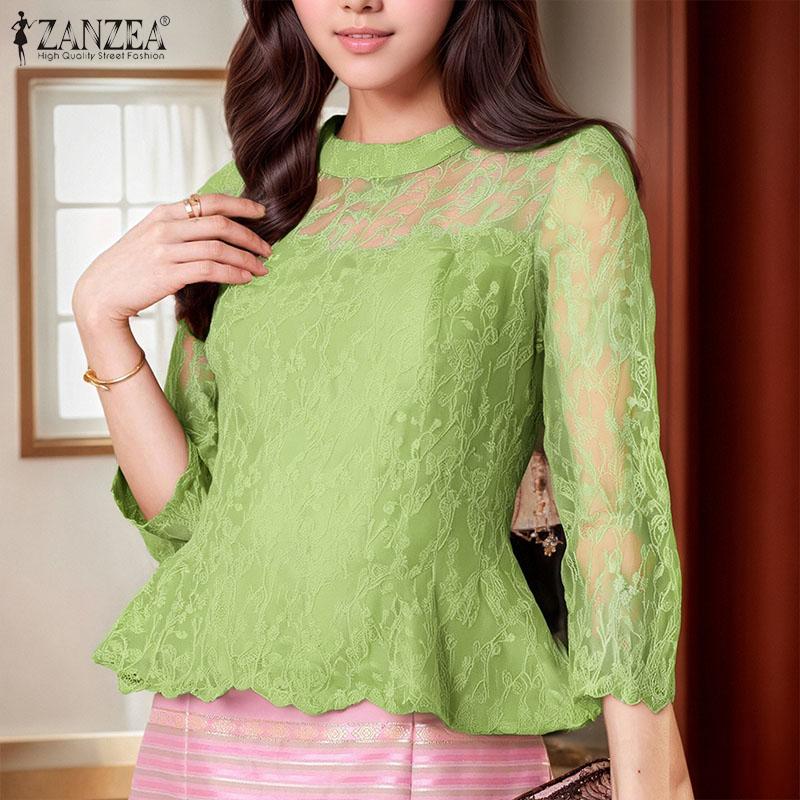 

ZANZEA Women Casual Round Neck 3/4 Sleeve See-Through Patchwork Lace Blouse 5XL