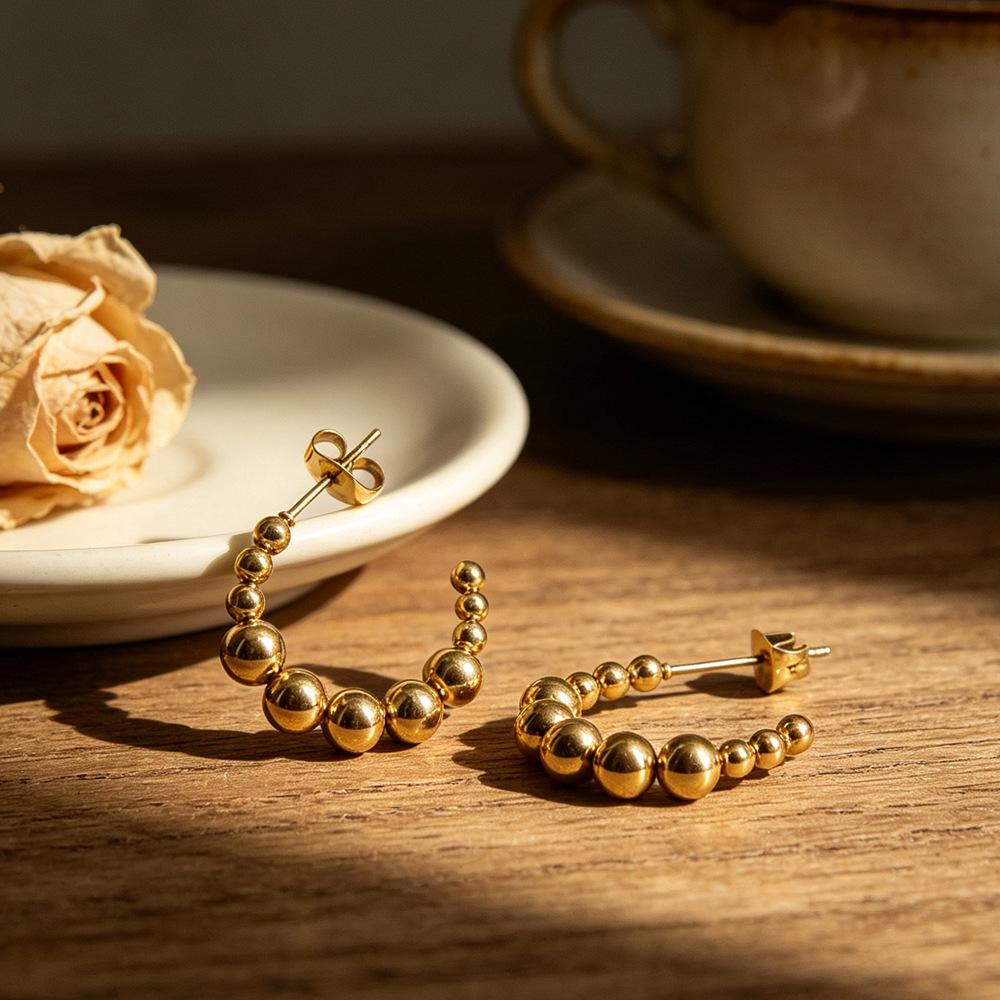 18K Gold-Plated C-Shaped Stainless Steel Earrings, Round Beads, Waterproof, Colorfast, Half Circle Stud Design.
