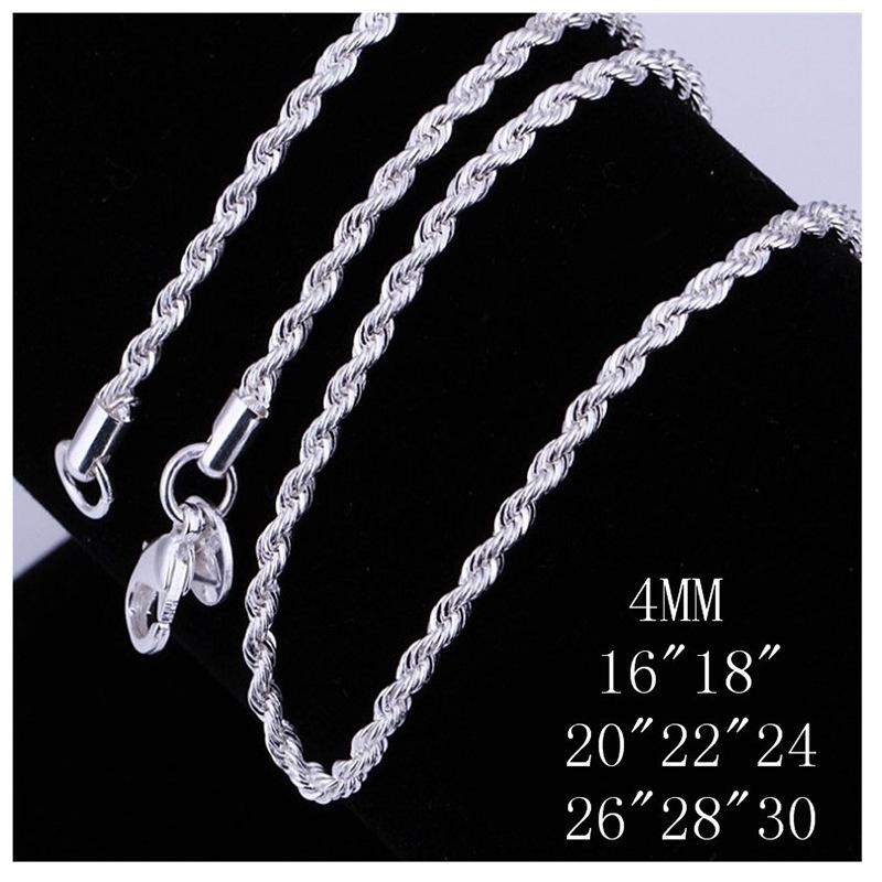 European & American Trend Cable Knit Silver Necklace & Bracelet Set - 4MM Shiny Twisted Rope Design