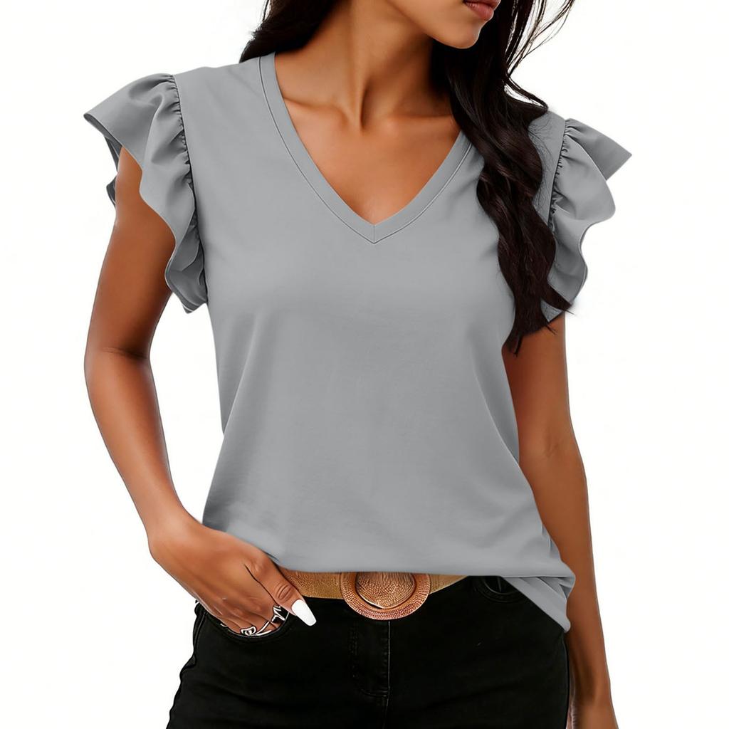 Women Fashion Casual Solid Color Ruffle Sleeve V Neck Short Sleeve Top Lightweight Comfortable Summer Shirt for Daily Wear
