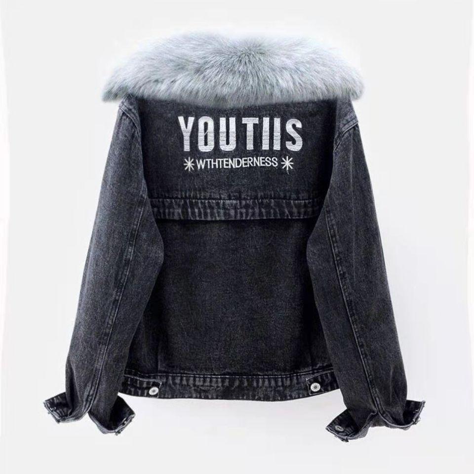 Women's Fleece Denim Jacket Autumn Winter Fur Collar Hooded Denim Jacket Female Loose Warm Short Jacket Coat