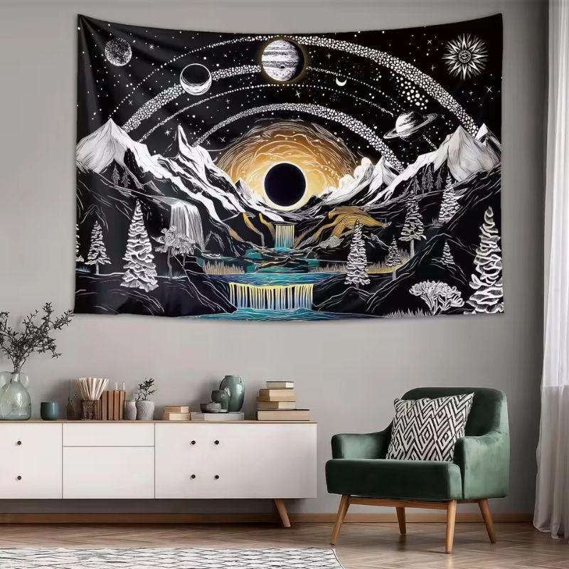 Mountains Planet Space Tapestry, Universe Waterfall Forest Wall Hanging, Aesthetic Bedroom Dorm Decor