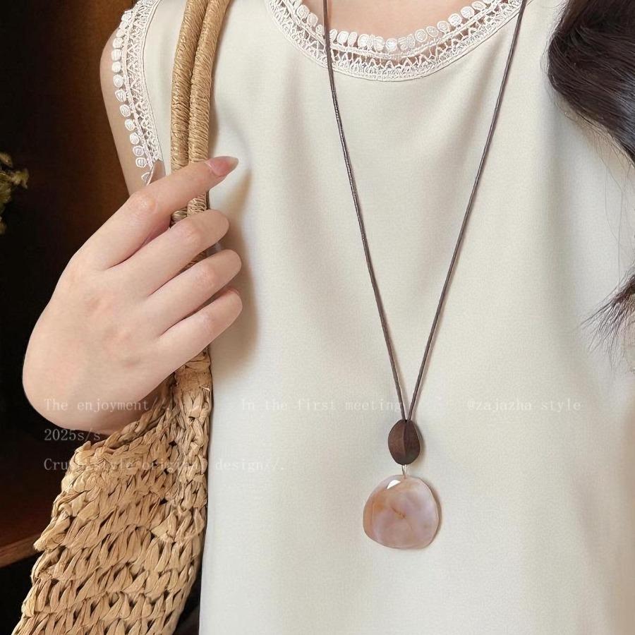 Style Lazy Pendant Long Necklace with Leather Cord, Vintage Versatile Layered Sweater Chain for Women'S Additions