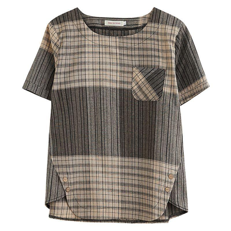Cotton Linen Retro Artistic Top Summer Plaid Loose Women's T-shirt Versatile Fashion Short Sleeved T-shirt