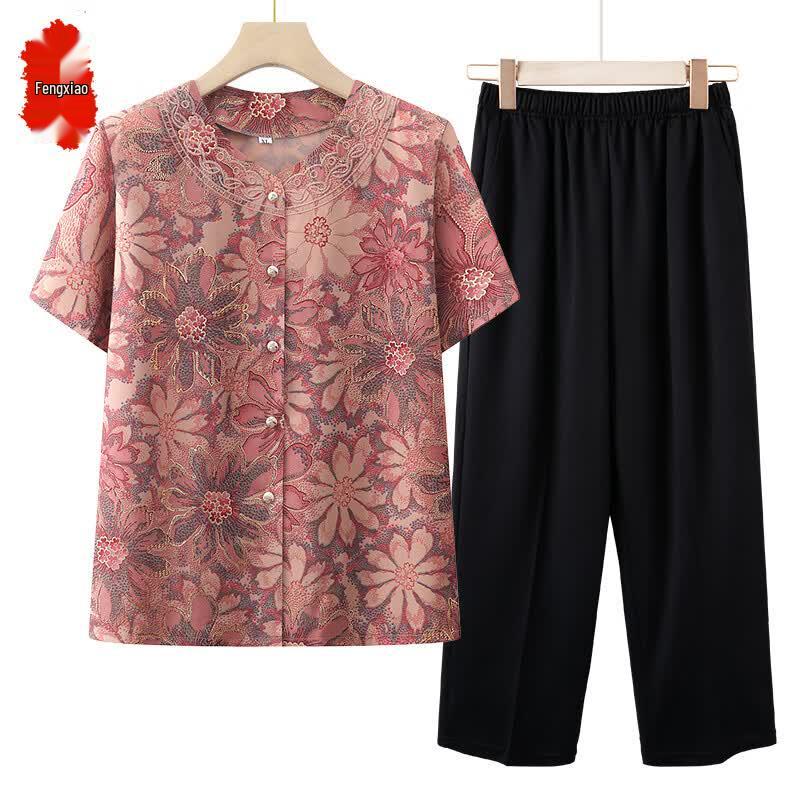 

Fengxiao Women s Summer Short Sleeve Shirt Set for Middle-Aged & Elderly 3XL