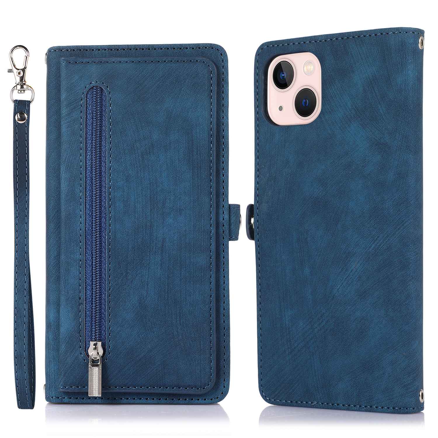 

For iPhone 15 Case Zipper Pocket 9 Card Slots PU Leather Phone Cover with Wrist Strap A