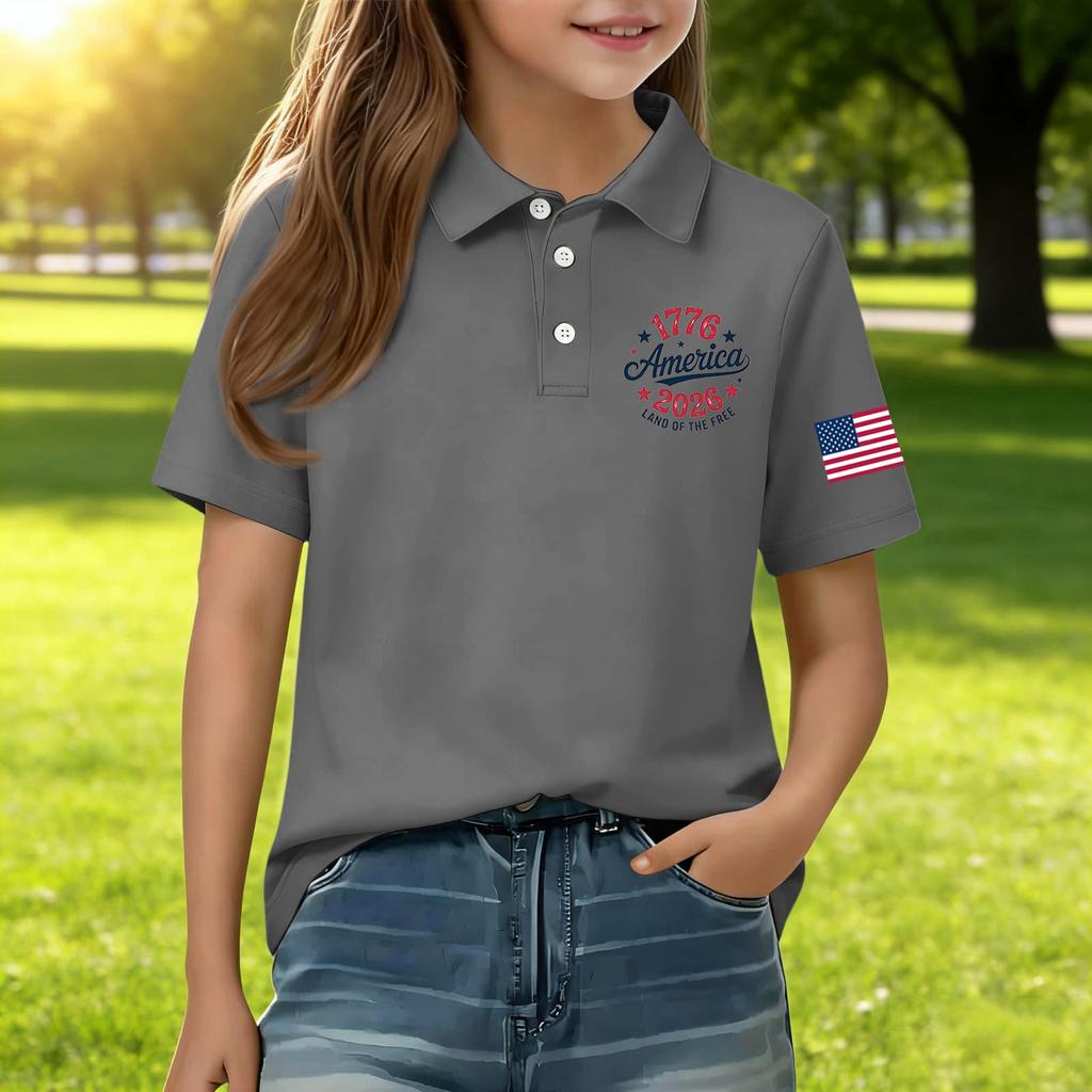 Kids Short Sleeve Polo Shirt Casual Everyday Wear Independence Day Print Tee Shirt with Button Collar and Embroidered Sleeve Patch for Boys