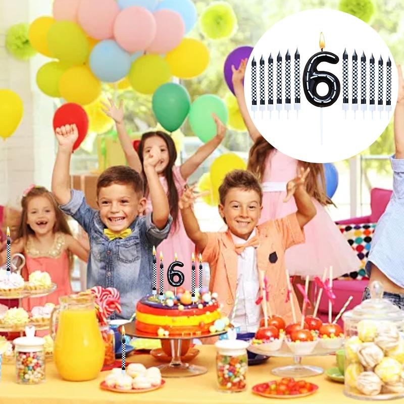 6Pcs 1 To 9 Number Candle For Racers Black and White Checkered Candle Anniversary Truck Candle Cake Topper Festival Candles Cake