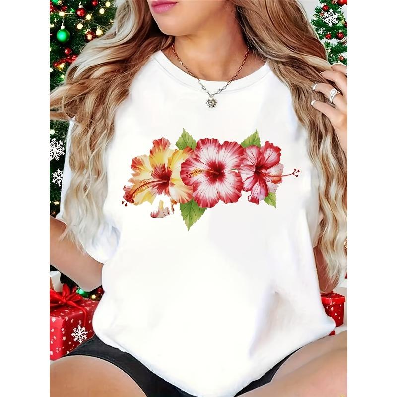 Plus Size, Plus-size T-shirt with Hibiscus Floral Print, Tropical Style Fashion Design, White Round-neck Short-sleeve