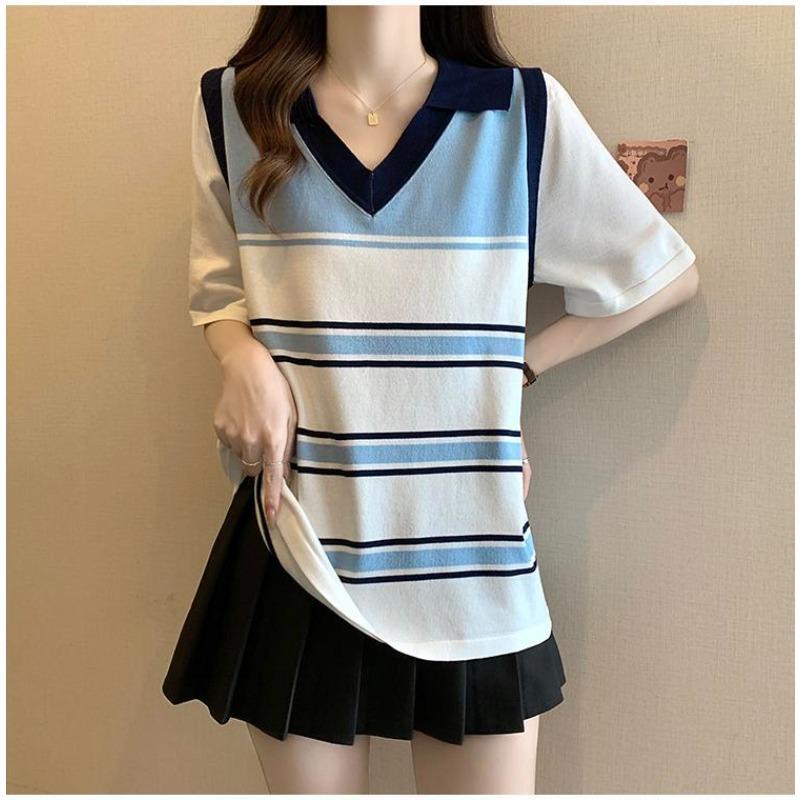 Striped Women's T-shirts Loose V-neck Contrasting Color Woman Short Sleeved Top Summer Casual Fashionable Ladies Pullover New Trend Tees