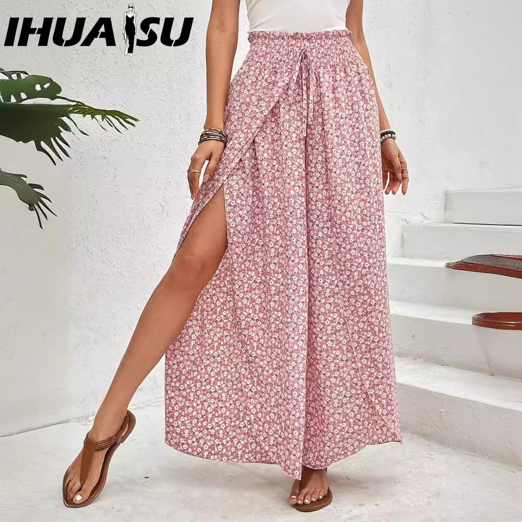 IHUASU Women's Summer Fashion with Floral Side Slit Wide Leg Culottes