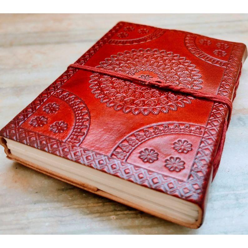 Semi Precious Stone Embossed Leather Bound Notebook, Stoned Leather Journal, Unlined Leather Notebook Handmade Diary Medium Size 5 by 7