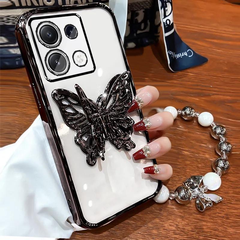 3D Butterfly Phone Holder Bead bracelet Glitter Plating Case for Xiaomi Redmi Note 13 Pro Plus 4G 5G Back Cover