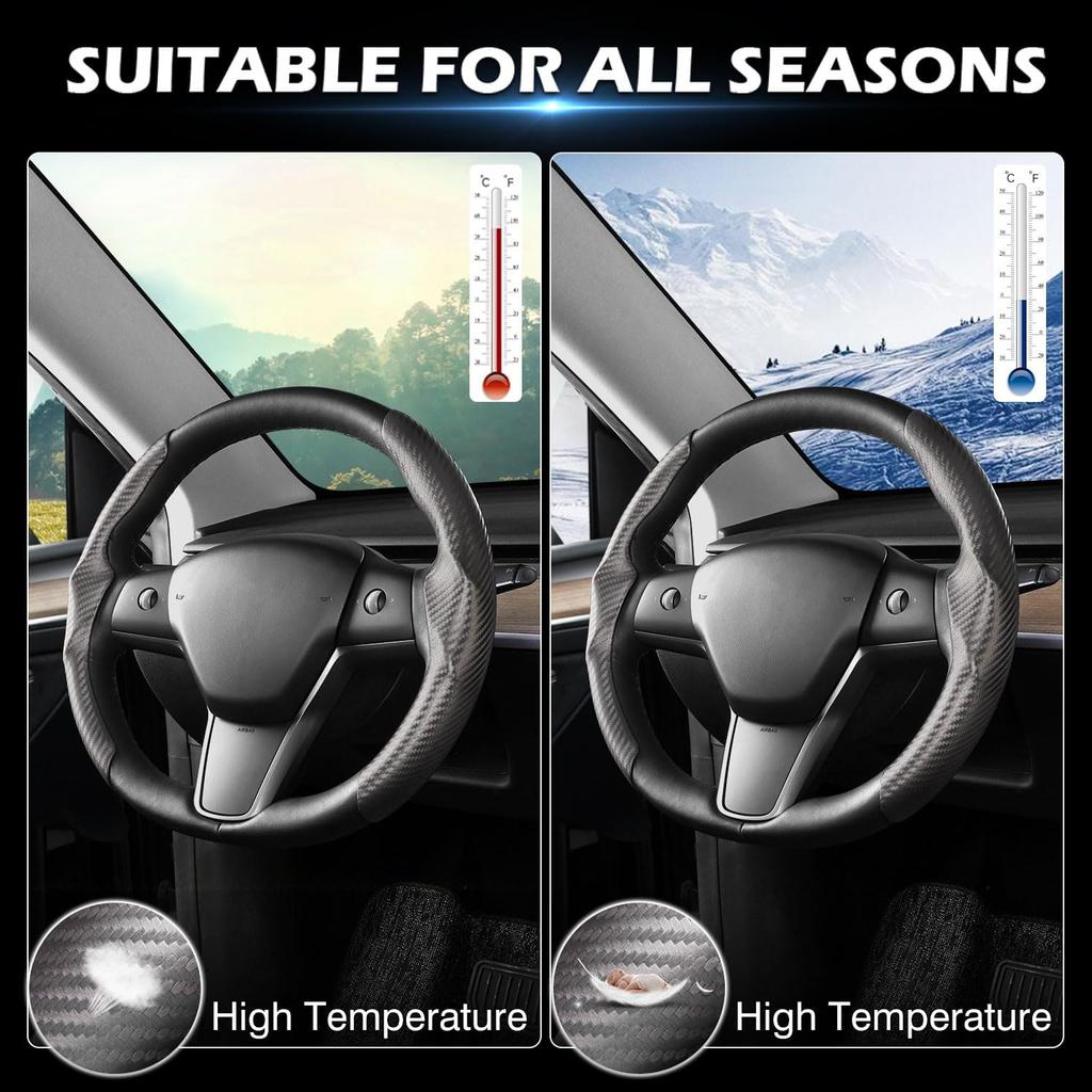 Grey Steering Wheel Cover For Tesla Model 3/Y 2016-2025 2026 Juniper/Highland | Non-Slip, Segmented, -Fit, Carbon Fiber | Model Y Juniper Accessories