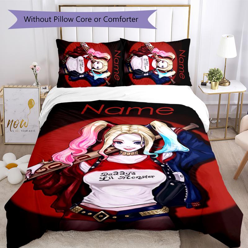 3pcs Custom Name Cartoon Harley Quinn Bedding Set Duvet Cover Closure Includes 1 Duvet Cover & 2 Pillowcases for All Seasons Bedroom Decor