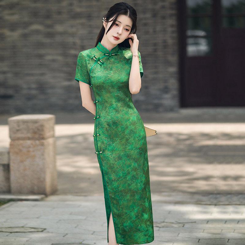 Yeşil test gönder ulusal tarz yeni Çin tarzı Suzhou uzun cheongsam geliştirilmiş genç 1011 yeni kadın yüksek algı yaz