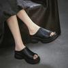 Johnature Genuine Leather Peep Toe Wedges Slippers Versatile Thick Soled Comfortable Women's Outdoor Slides