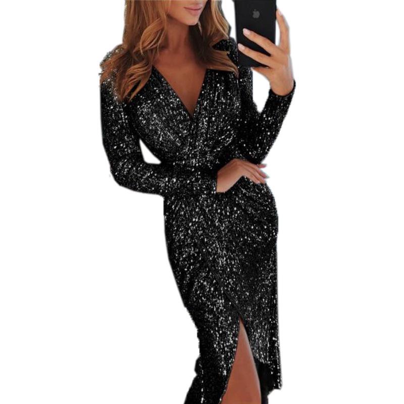 women's sequin wrap midi dress long sleeve deep v neck slim fit high slit party gown bodycon evening cocktail dress