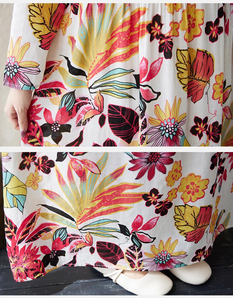 2024 Early Autumn Floral Print Retro Cotton Linen Maxi Dress