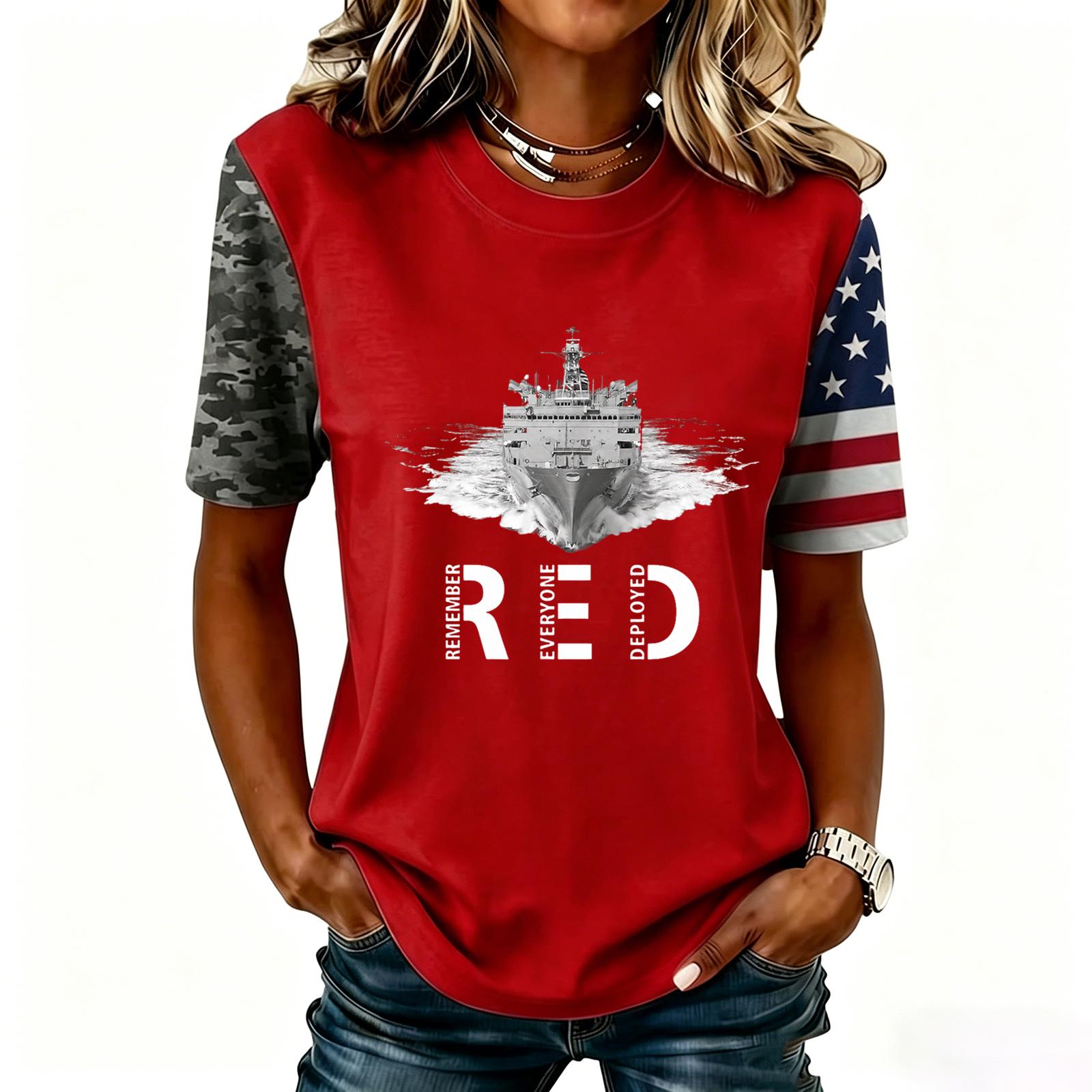 

Women s Casual Short Sleeve T-Shirt Crew Neck Letter Print Top Patriotic Sleeve Design Relaxed Fit Lightweight Fabric M