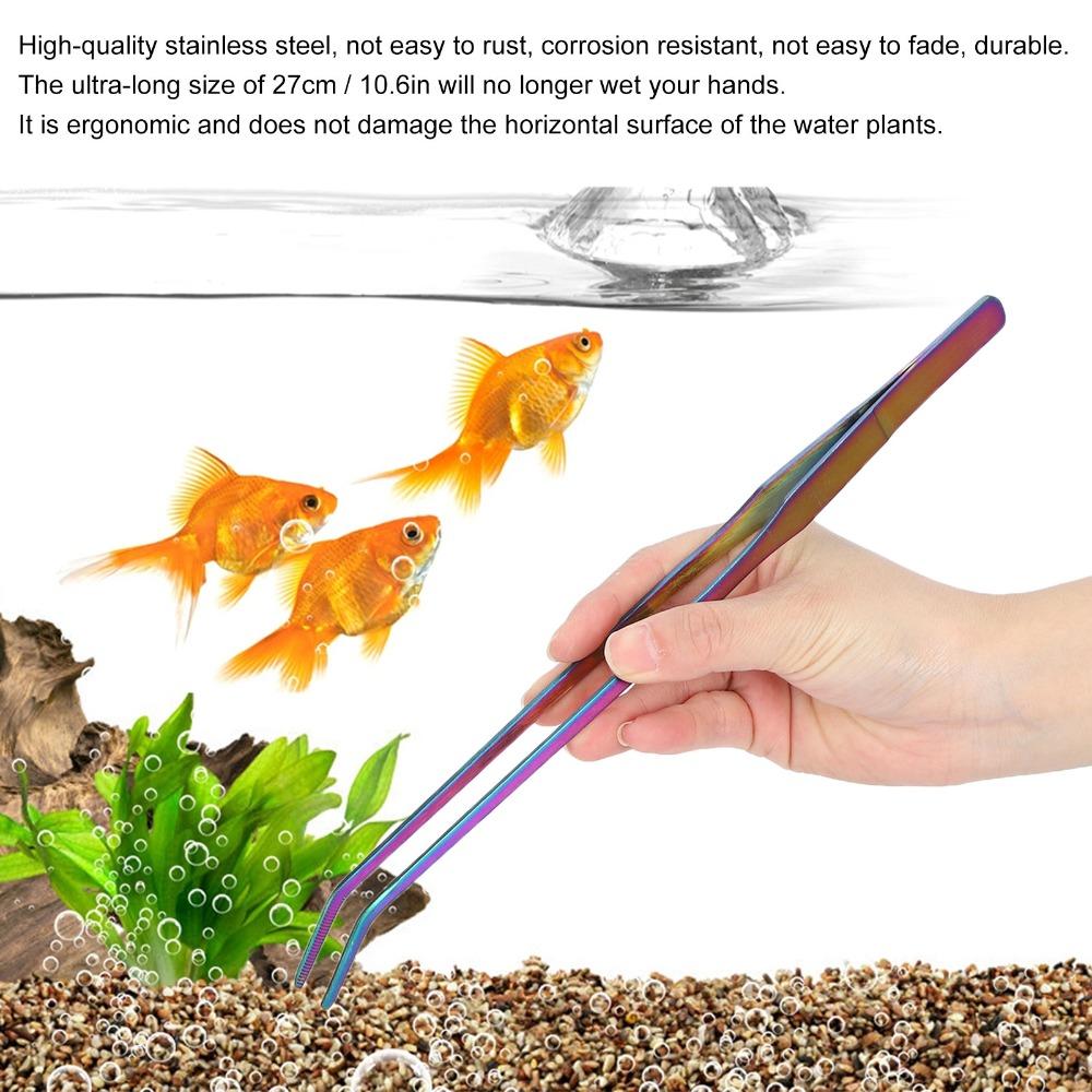 Stainless Steel Aquarium Tweezers 27cm Length Curved Design Planted Tongs Rainbow Long Tweezers Aquascaping Tools