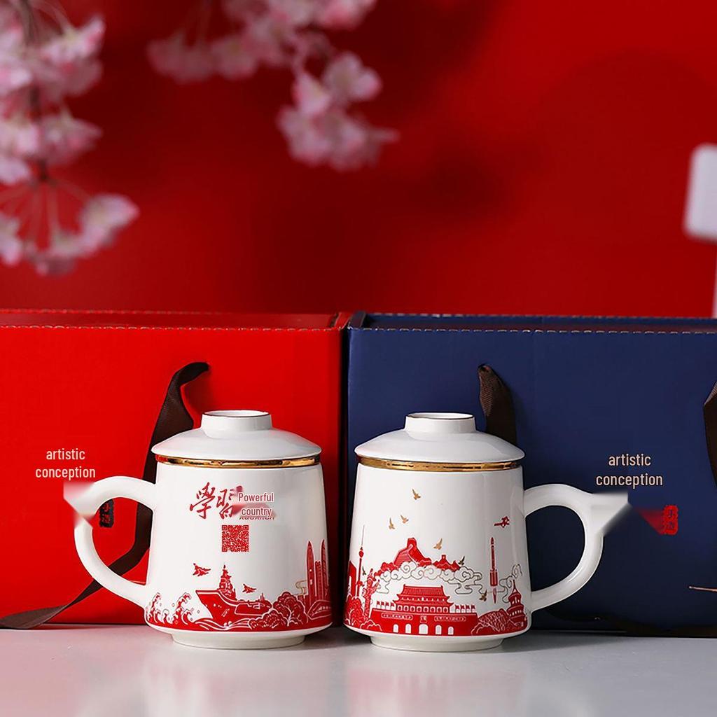 Chinese Style Ceramic Tea Cup with Lid, Filter, and Logo