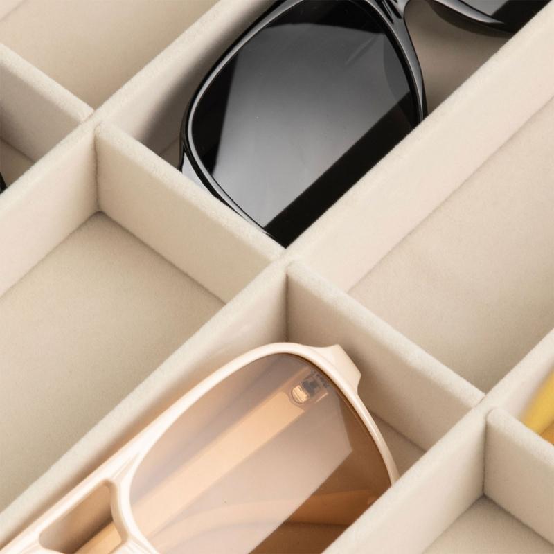 Open Glasses Storage Tray with 8 Separate Compartments, Single-Level Fabric-Covered Layout for Visible Eyewear Storage