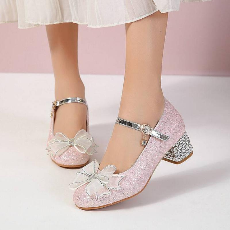 New Girls Crystal Shoes Beef Tendon Soft Sole Non-slip Girls Student Shoes Four Seasons Older Children's Shoes Buckle Sequined Princess Shoes