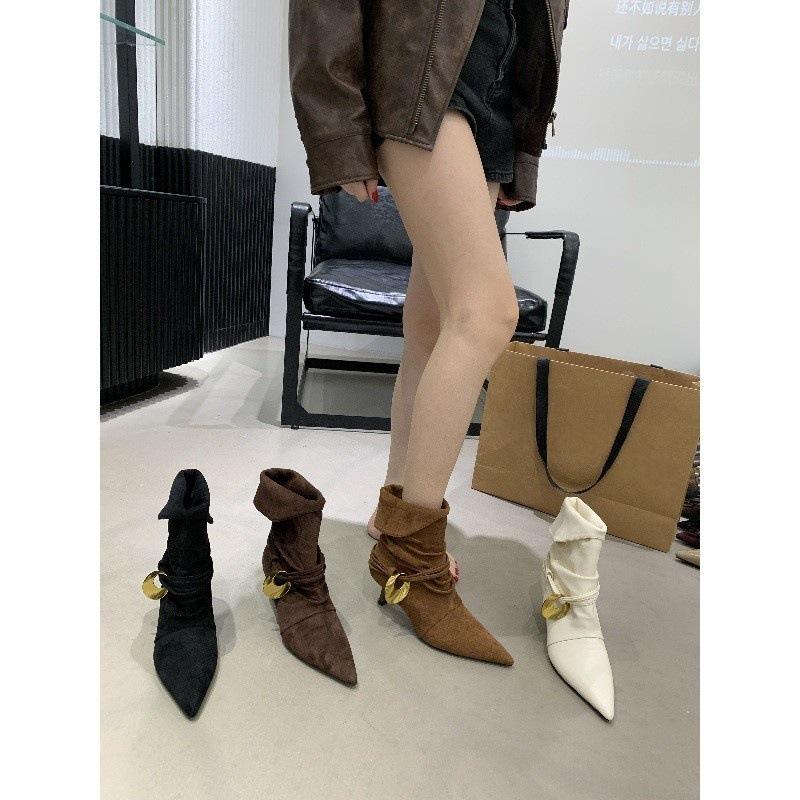 Two wear pointed suede short boots women's high heel heightening pleated pile boots western cowboy boots