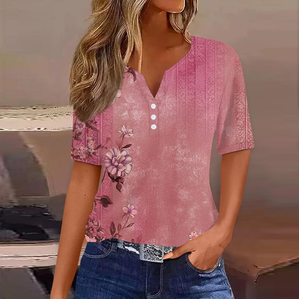 Women's T Shirt Print Button Short Sleeve Daily Weekend Fashion Basic V-Neck Regular Top