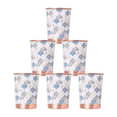 Copper Printed Design 250ML Water Glass with Rust Proof Protection for Home and Office Use Ayurveda and Yoga Health Benefits Glass Set of 6 (Gray)