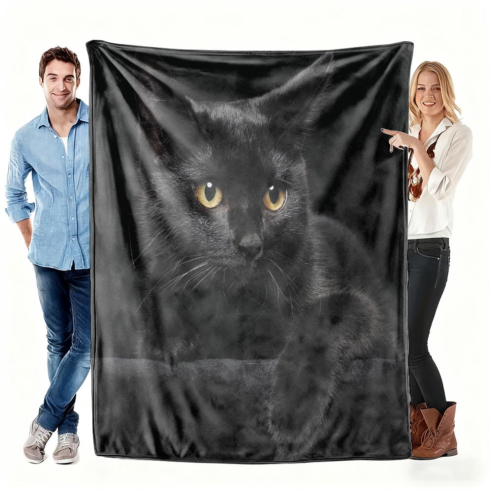 Mysterious Black Cat Flannel Blanket, Realistic Feline Portrait Throw, Soft Cozy For Cat Lover Home Decor, Warm Sofa Couch Gift